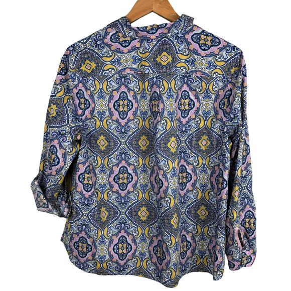 Talbots Women XL Petite Artsy Medallion Print Light Cotton Roll Tab Sleeve Shirt - Picture 2 of 9